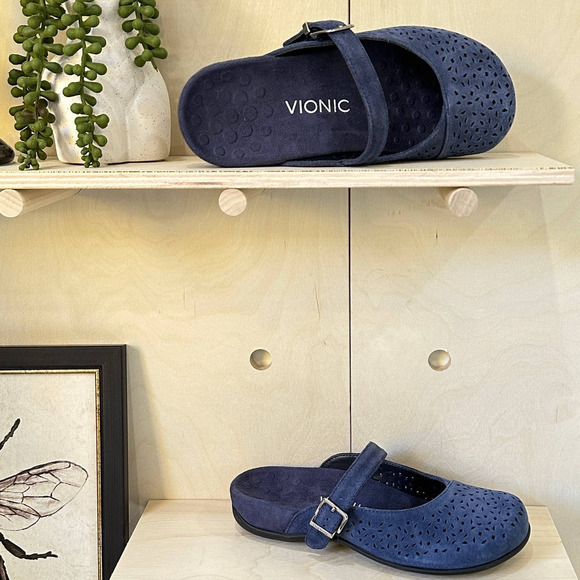 VIONIC Lidia Slip On Mules US 6 / EU 37 Blue Laser-Cut Suede - Picture 1 of 9